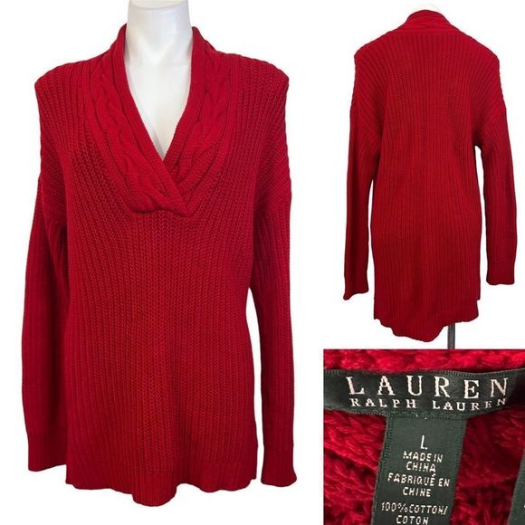 Lauren Ralph Lauren Sweaters - Lauren Ralph Lauren chunky cable knit v-neck sweater size L red long sleeve